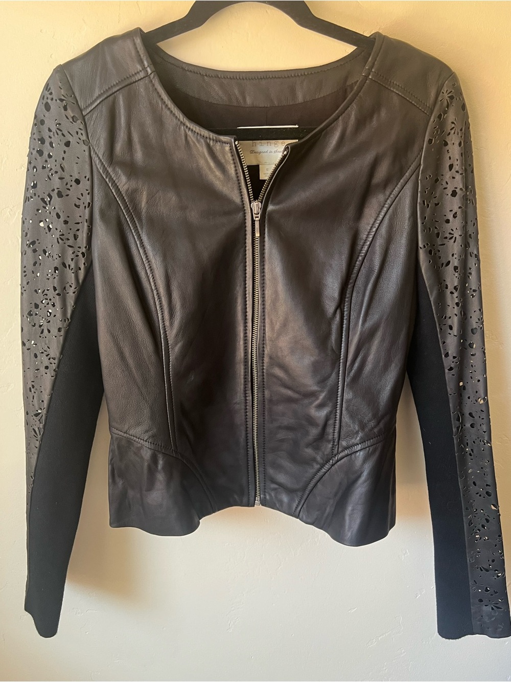 hinge Black Leather Zip-Front Jacket with Laser-Cut Sleeves size S